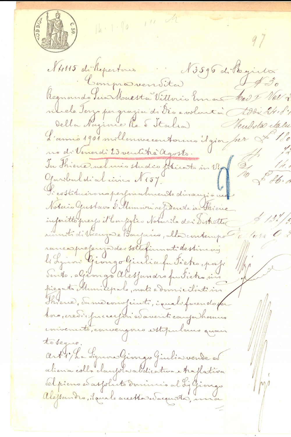 Documento originale, autentico 1901 THIENE VI Giulia GIONGO vende porzione di casa al fratello Alessandro 1