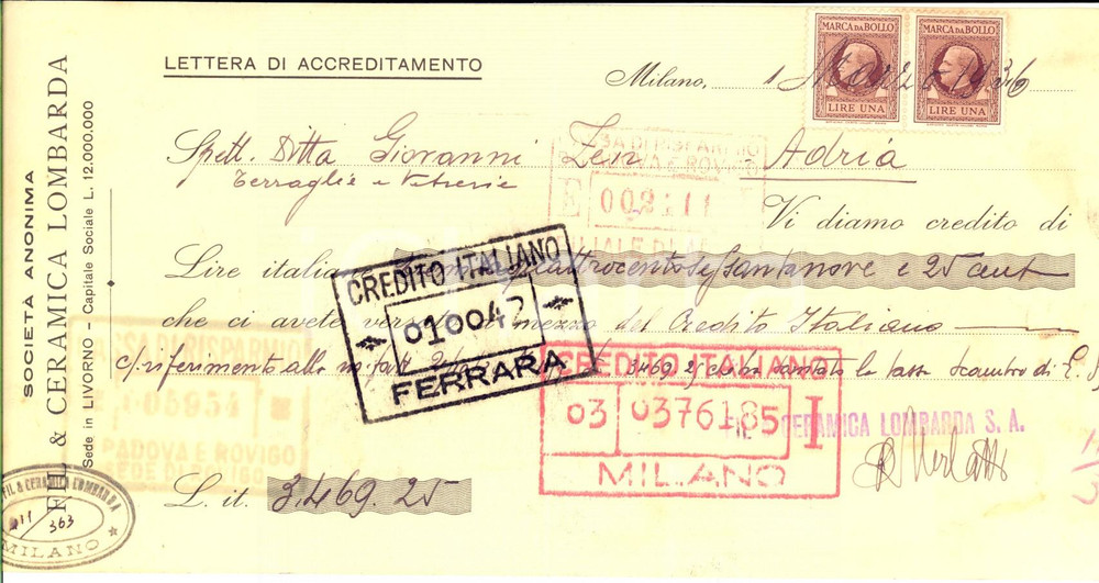 Oggetto da collezione cartaceo 1936 MILANO SocietÃ  Anonima FIL & CERAMICA LOMBARDA Lettera di accreditamento 1