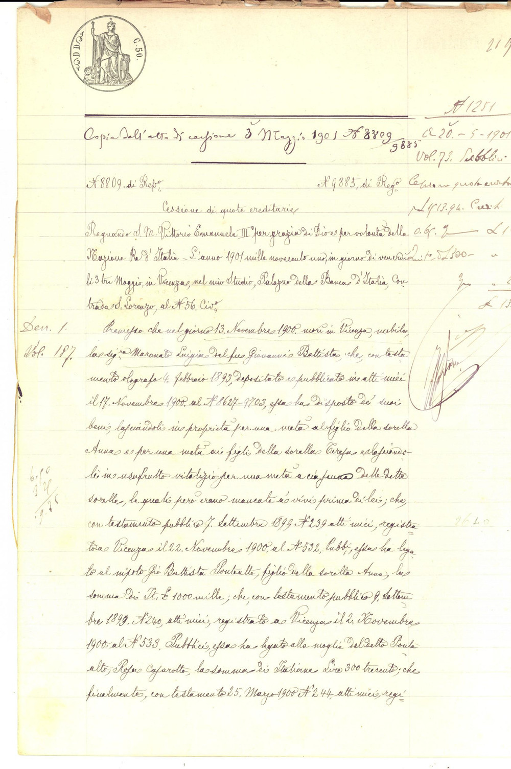 1901 VICENZA Cessione di quote eredità della defunta Luigia MARONATO Manoscritto