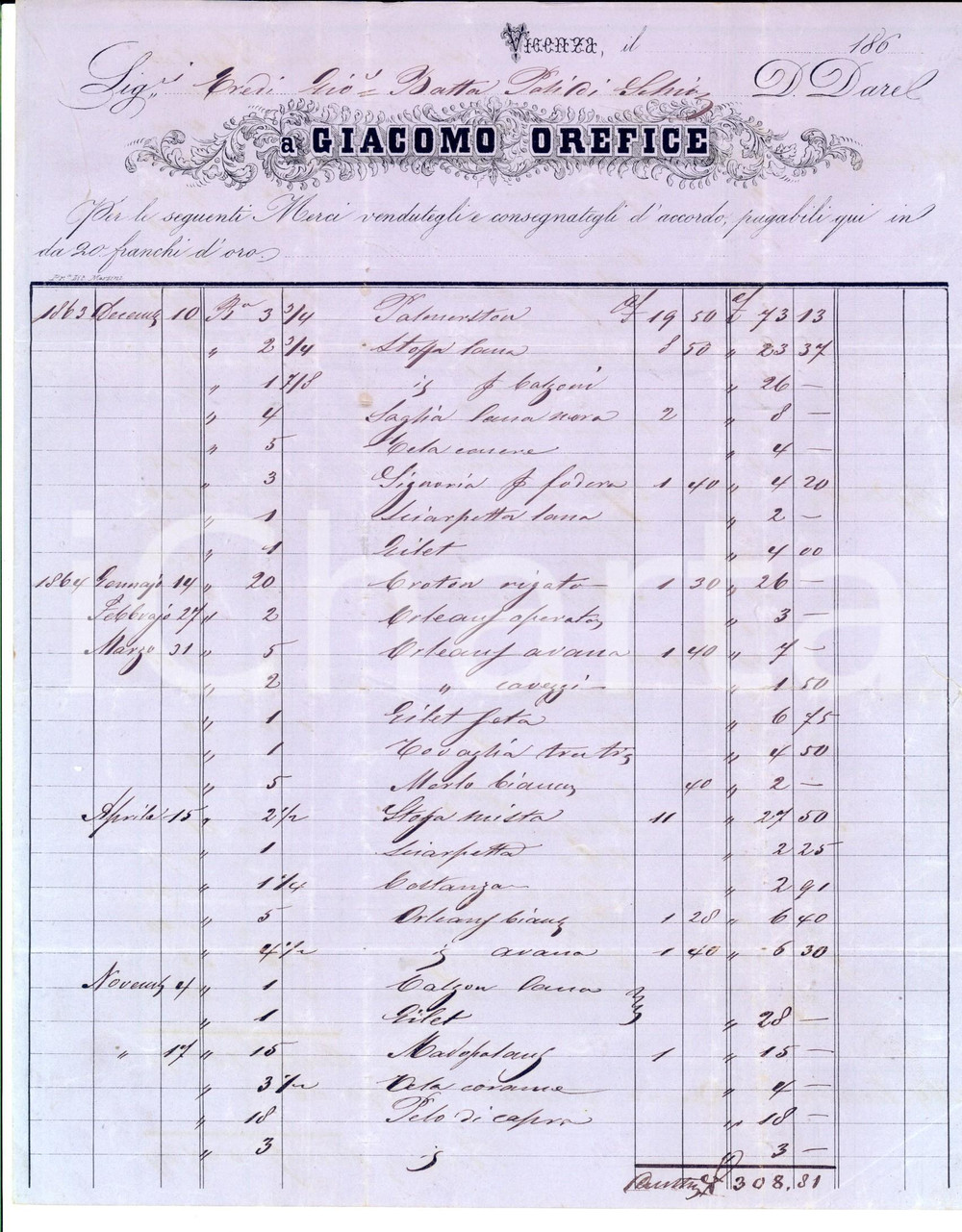 Documento originale, autentico 1865 VICENZA Ditta Giacomo OREFICE Fornitura stoffe Fattura intestata 1