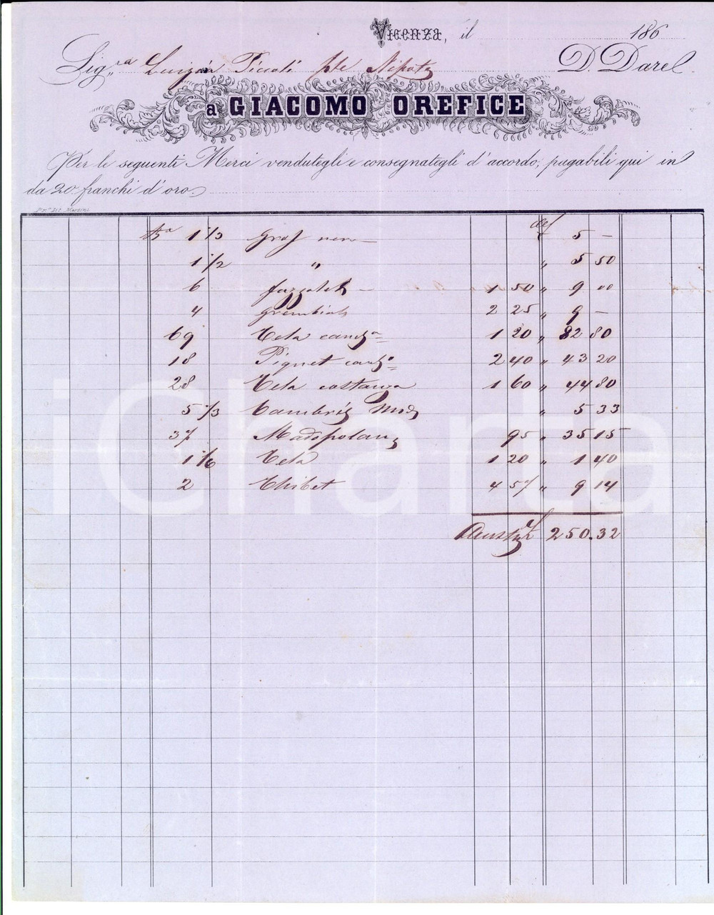 Documento originale, autentico 1865 VICENZA Giacomo OREFICE Fornitura tele e fazzoletti Fattura intestata 1
