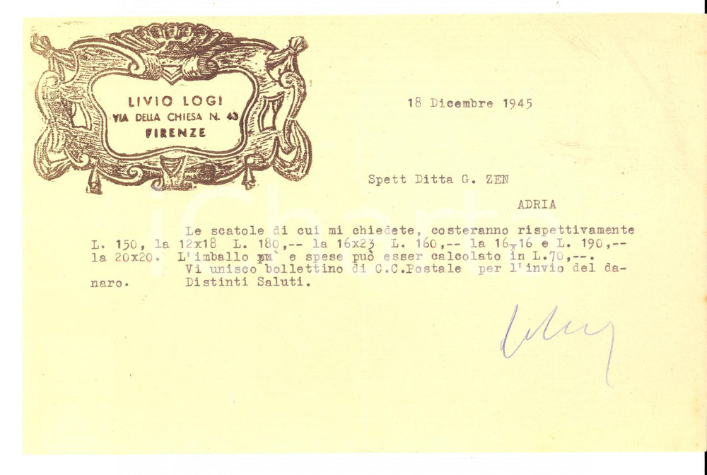 Documento originale, autentico 1945 FIRENZE Bottega Livio LOGI Trittici e tabernacoli Lettera intestata 1