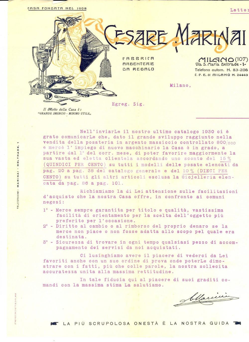 Manoscritto, lettera originale 1930 MILANO Cesare MARINAI Fabbrica argenterie da regalo Lettera commerciale 1