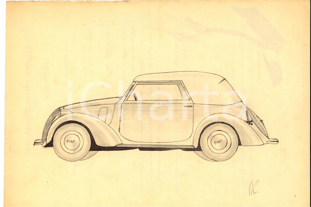 Opera d’arte autentica 1940 ca ARTE La nuova FIAT TOPOLINO Disegno a china su carta 30x20 cm 1