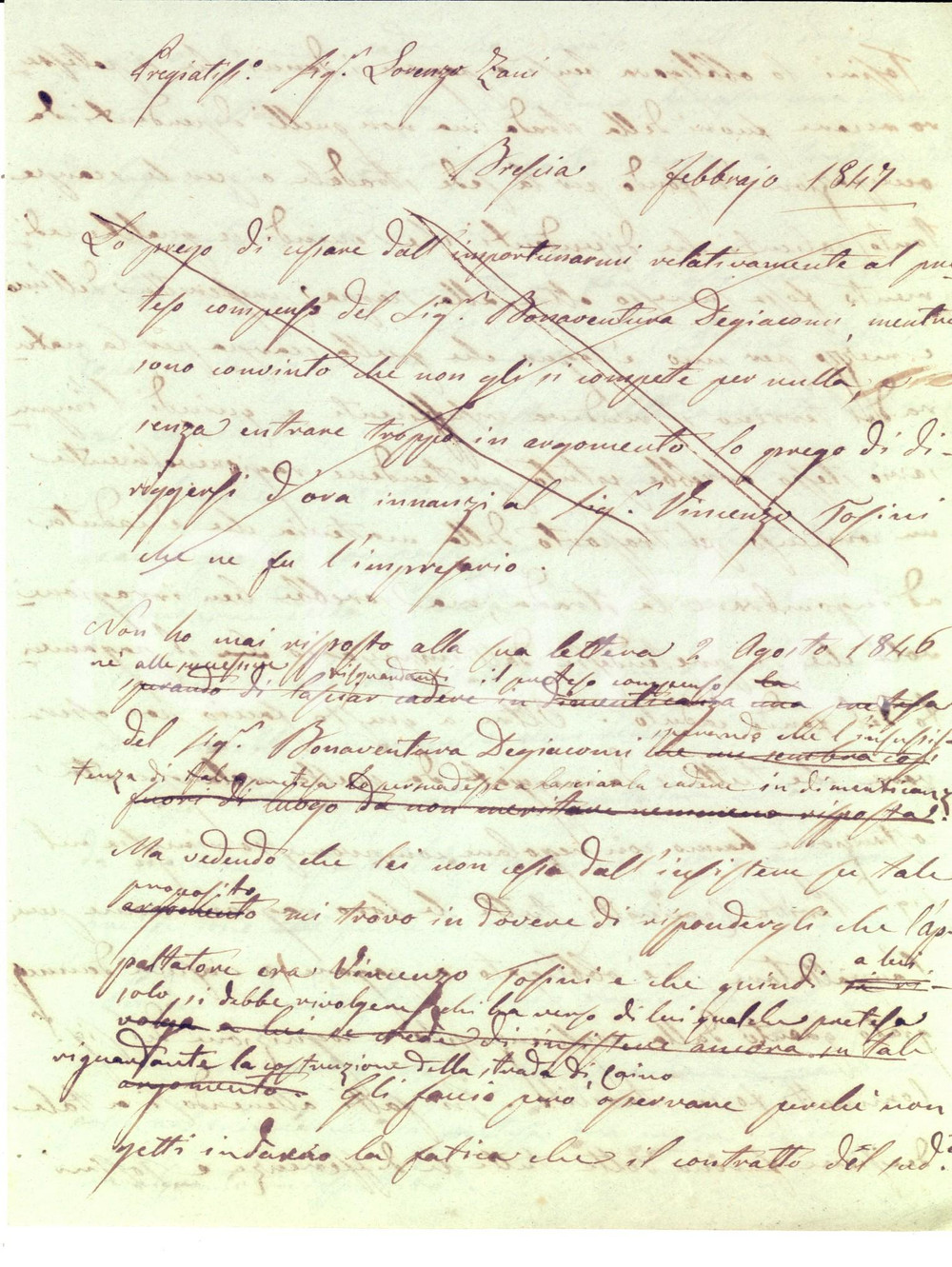 Manoscritto, lettera originale 1847 BRESCIA Bernardino BORGHETTI importunato per una malaugurata costruzione 1