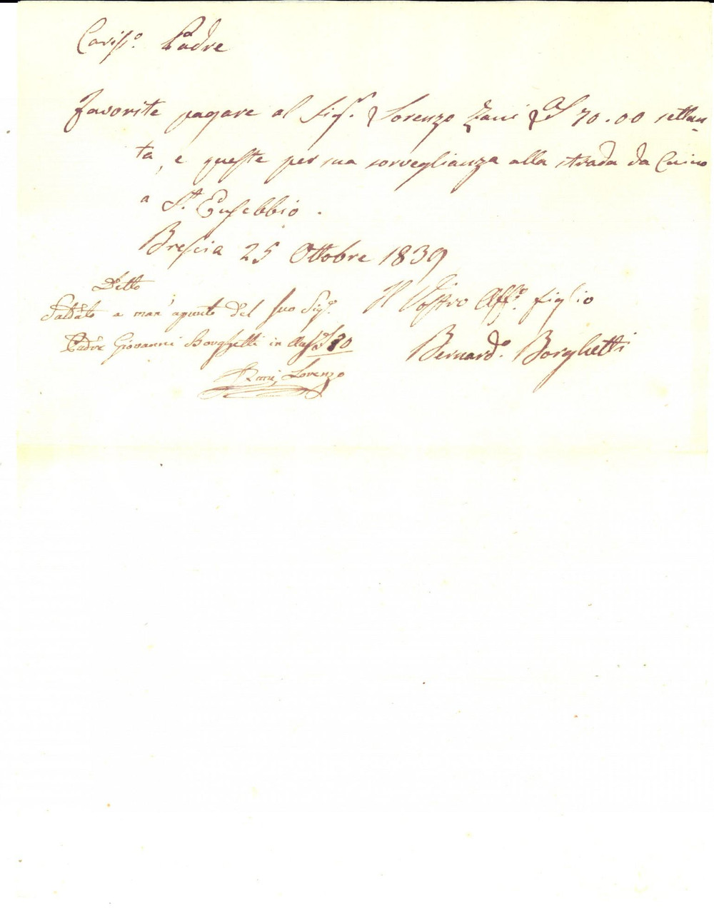 Manoscritto, lettera originale 1839 BRESCIA Saldo a Lorenzo ZANI per sorveglianza strada CAINO  SANT EUSEBIO 1