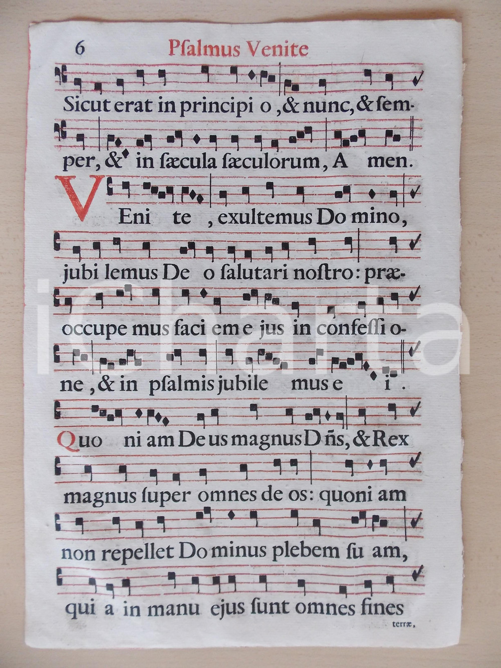 Libro, pubblicazione d epoca 1700 ca ANTIFONARIO ROMANO Pagina di canti in rosso nero Salmo VENITE PER ANNUM 1