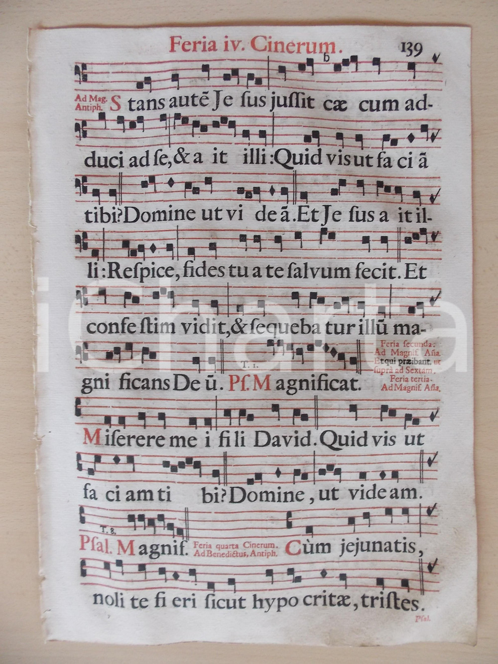 Libro, pubblicazione d epoca 1700 ca ANTIFONARIO ROMANO Pagina canti in rosso e nero MercoledÃ¬ delle CENERI 1