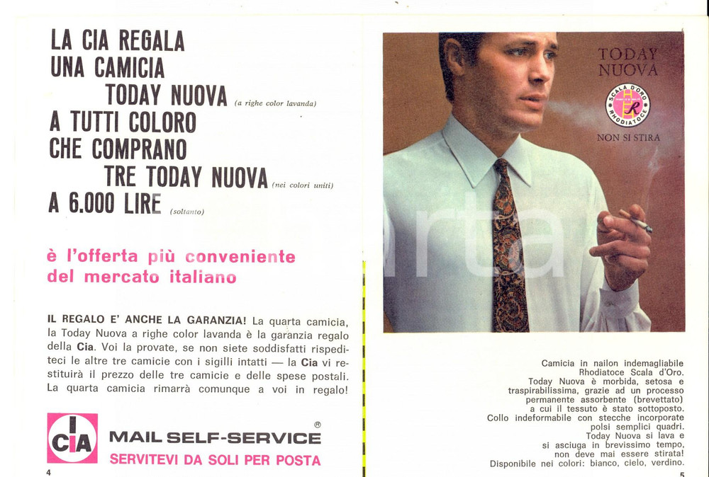 Materiale pubblicitario d’epoca 1967 FOSSOMBRONE PU Confezioni CIA  Camicia TODAY NUOVA Pubblicitario 1