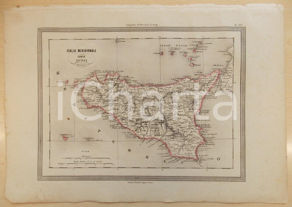 Stampa, bozzetto originale 1864 Atlante Universale  ITALIA Meridionale Isole Sicilia e adiacenti GUIGONI 1