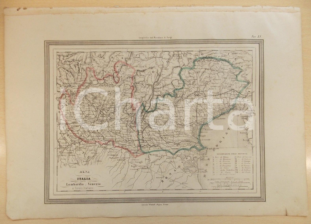 Stampa, bozzetto originale 1864 Atlante Universale  Alta ITALIA Lombardia Venezia Tirolo GUIGONI Tav. LI 1