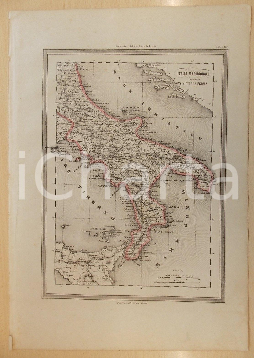 Stampa, bozzetto originale 1864 Atlante Universale  ITALIA Meridionale Province di Terraferma Ed. GUIGONI 1