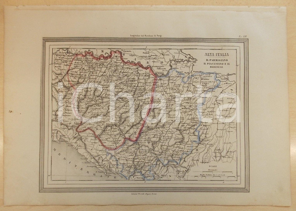 Stampa, bozzetto originale 1864 Atlante Universale  Alta ITALIA Parmigiano Piacentino Modenese Ed GUIGONI 1