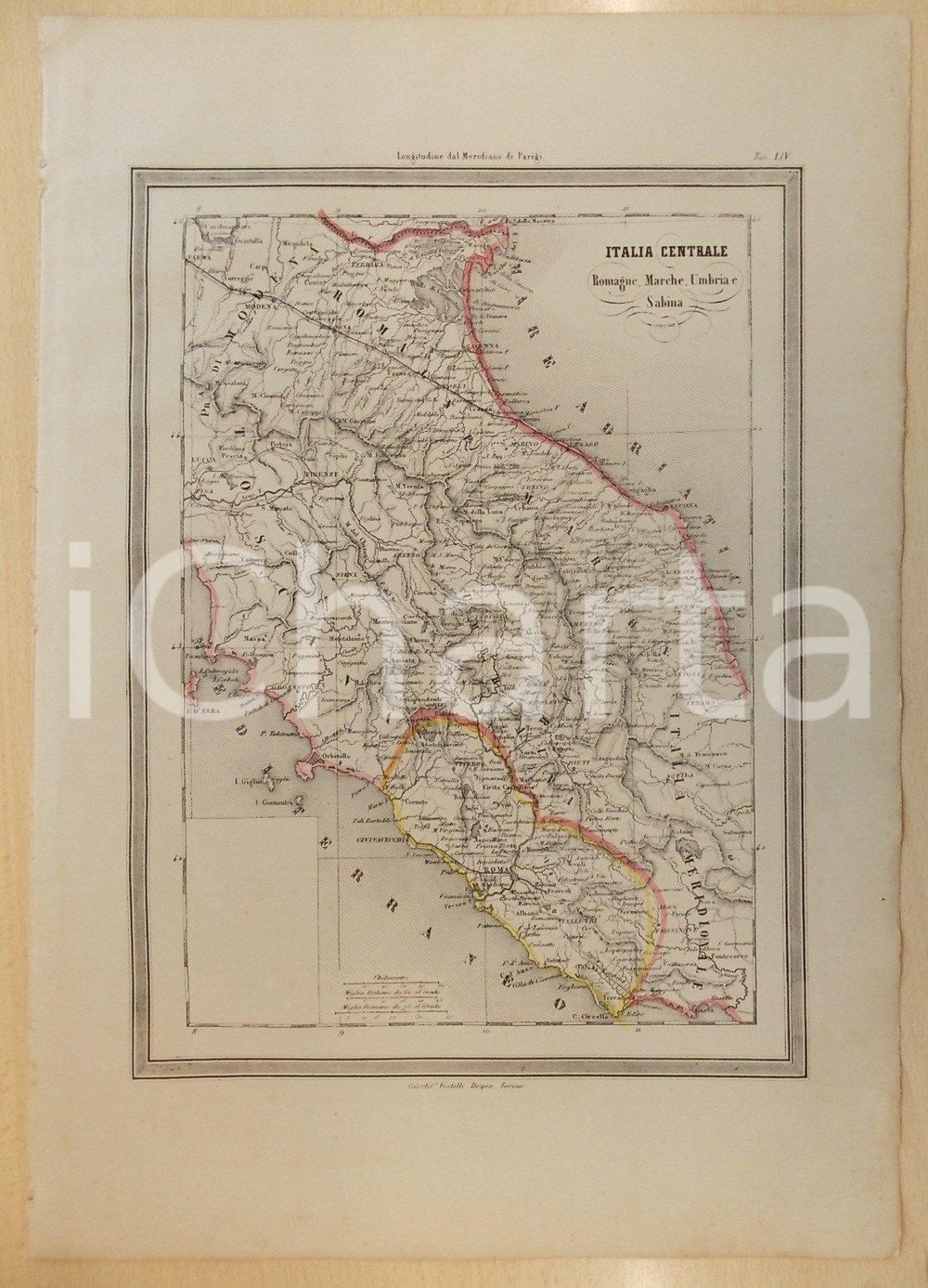 Stampa, bozzetto originale 1864 Atlante Universale  ITALIA Centrale Romagne Marche Umbria Sabina GUIGONI 1