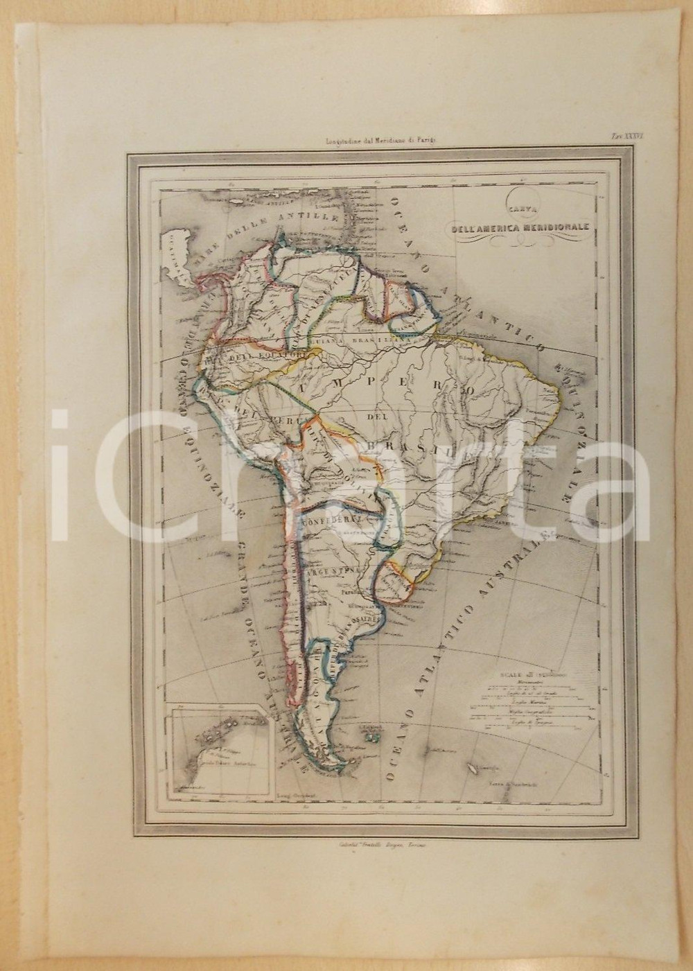 Stampa, bozzetto originale 1864 Atlante Universale  Carta dell AMERICA MERIDIONALE Ed. GUIGONI Tav. XXXVI 1
