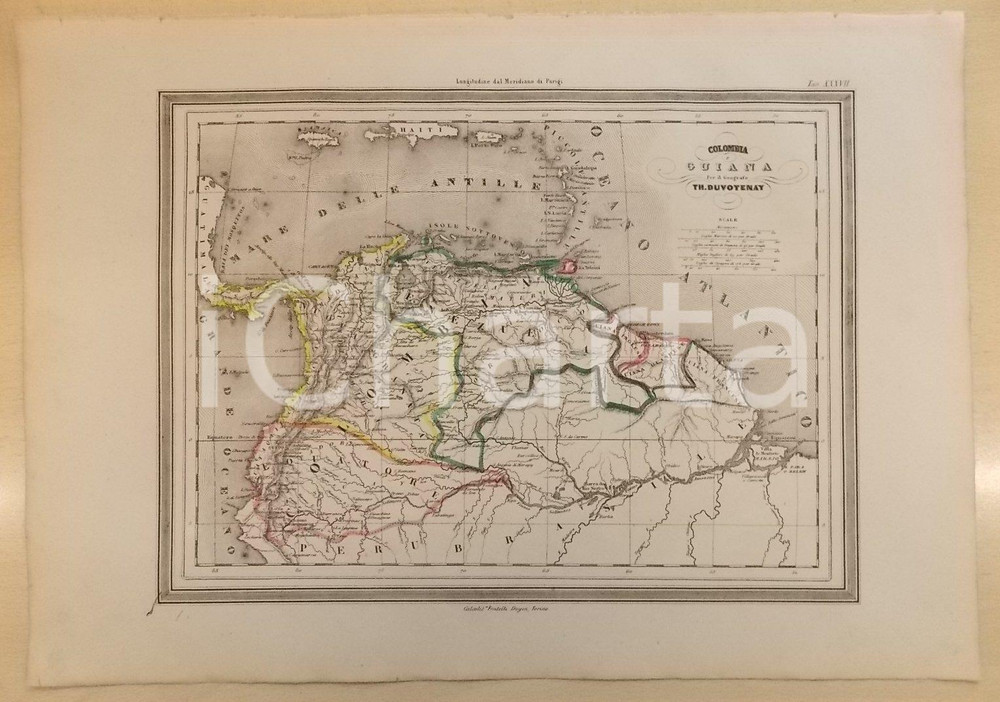 Stampa, bozzetto originale 1864 Atlante Universale  Colombia e Guiana Geografo DUVOTENAY Ed. GUIGONI 1
