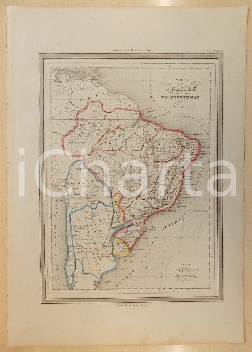 Stampa, bozzetto originale 1864 Atlante Universale  Impero Brasile Geografo DUVOTENAY GUIGONI Tav XXXVIII 1