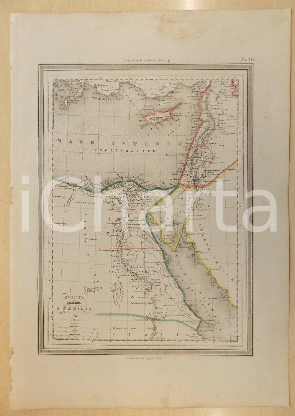 Stampa, bozzetto originale 1864 Atlante Universale  Egitto, Palestina e Fenicia Ed. GUIGONI Tav. XLL 1