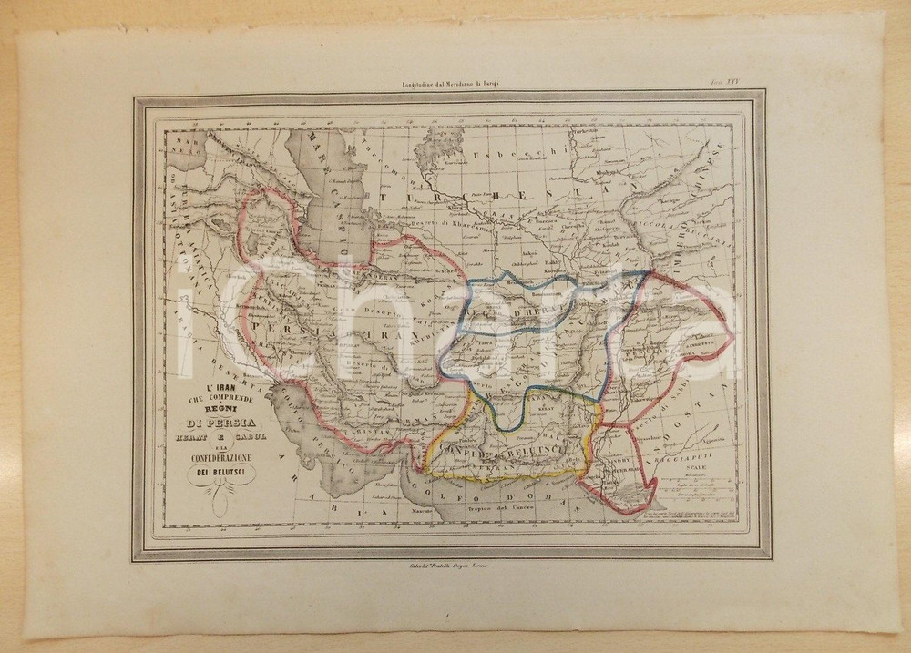 Stampa, bozzetto originale 1864 Atlante Geografico Universale  Iran e Kabul Ed. GUIGONI Tav. XXV 1