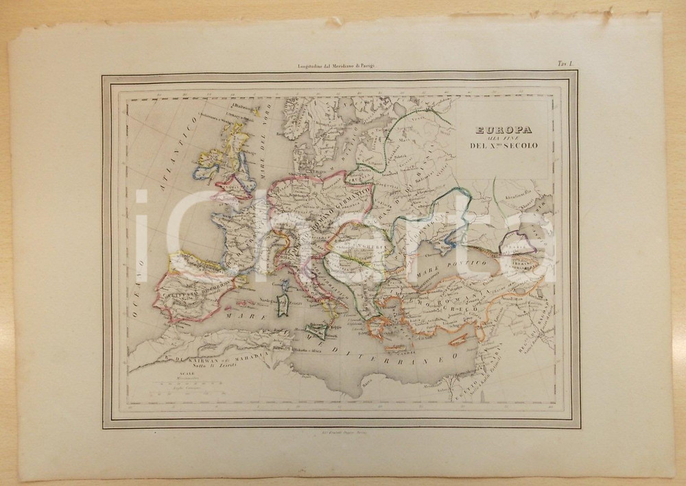 Stampa, bozzetto originale 1864 Atlante Geografico Universale  EUROPA fine X secolo Ed. GUIGONI Tav I 1