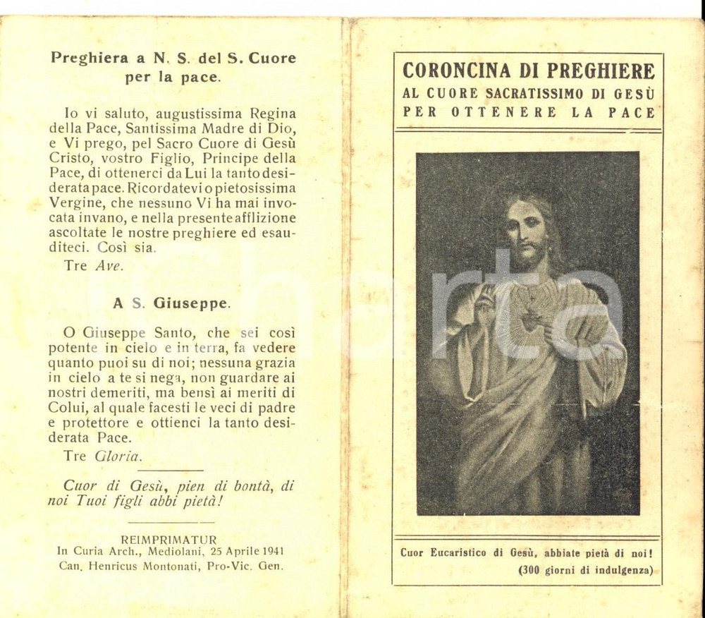 Oggetto da collezione cartaceo 1941 MILANO Coroncina di preghiere al Cuore Sacratissimo di GesÃ¹ per la pace 1