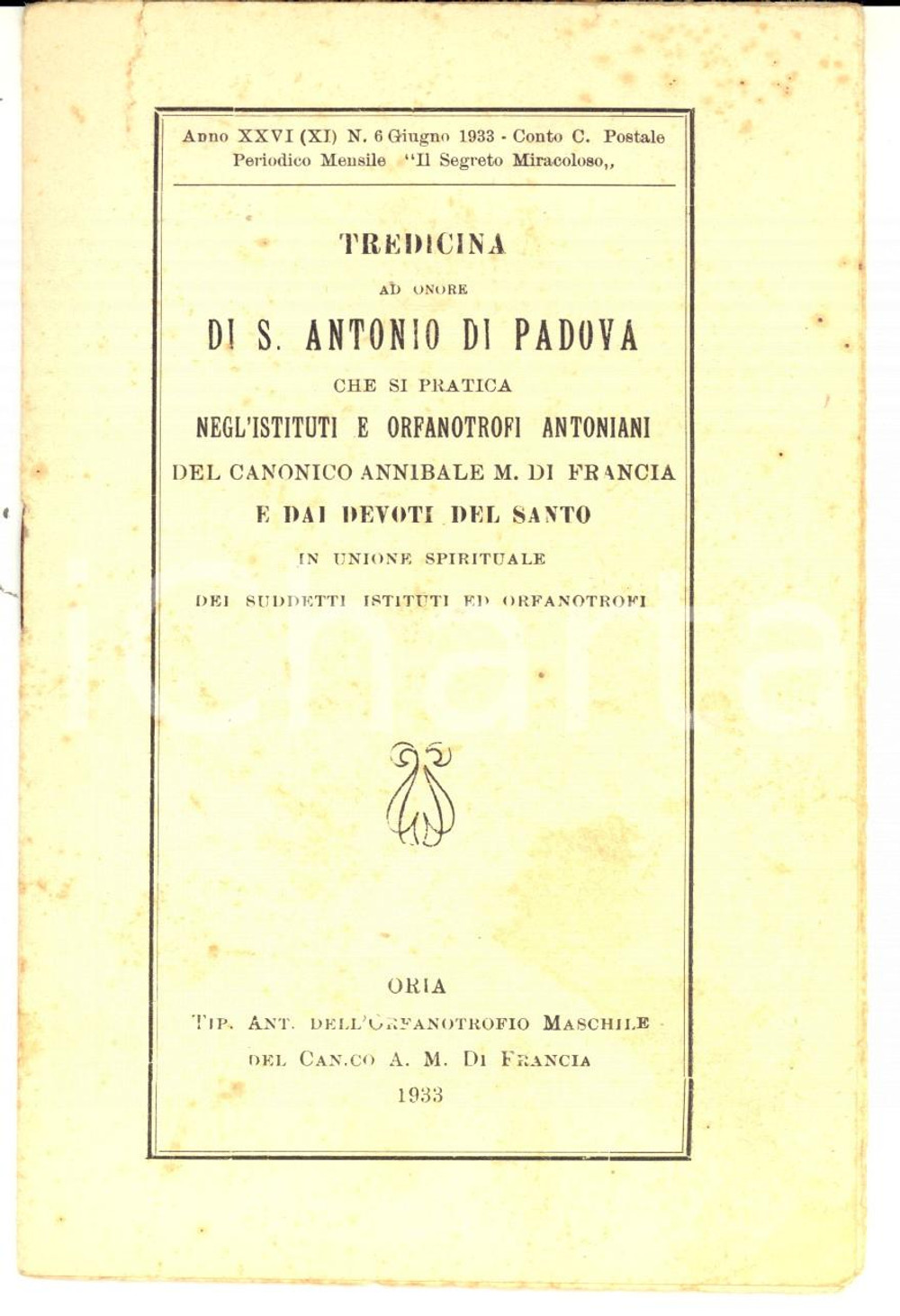 Libro, pubblicazione d epoca 1933 ORIA BR Tredicina ad onore di Sant Antonio di PADOVA negli orfanotrofi 1