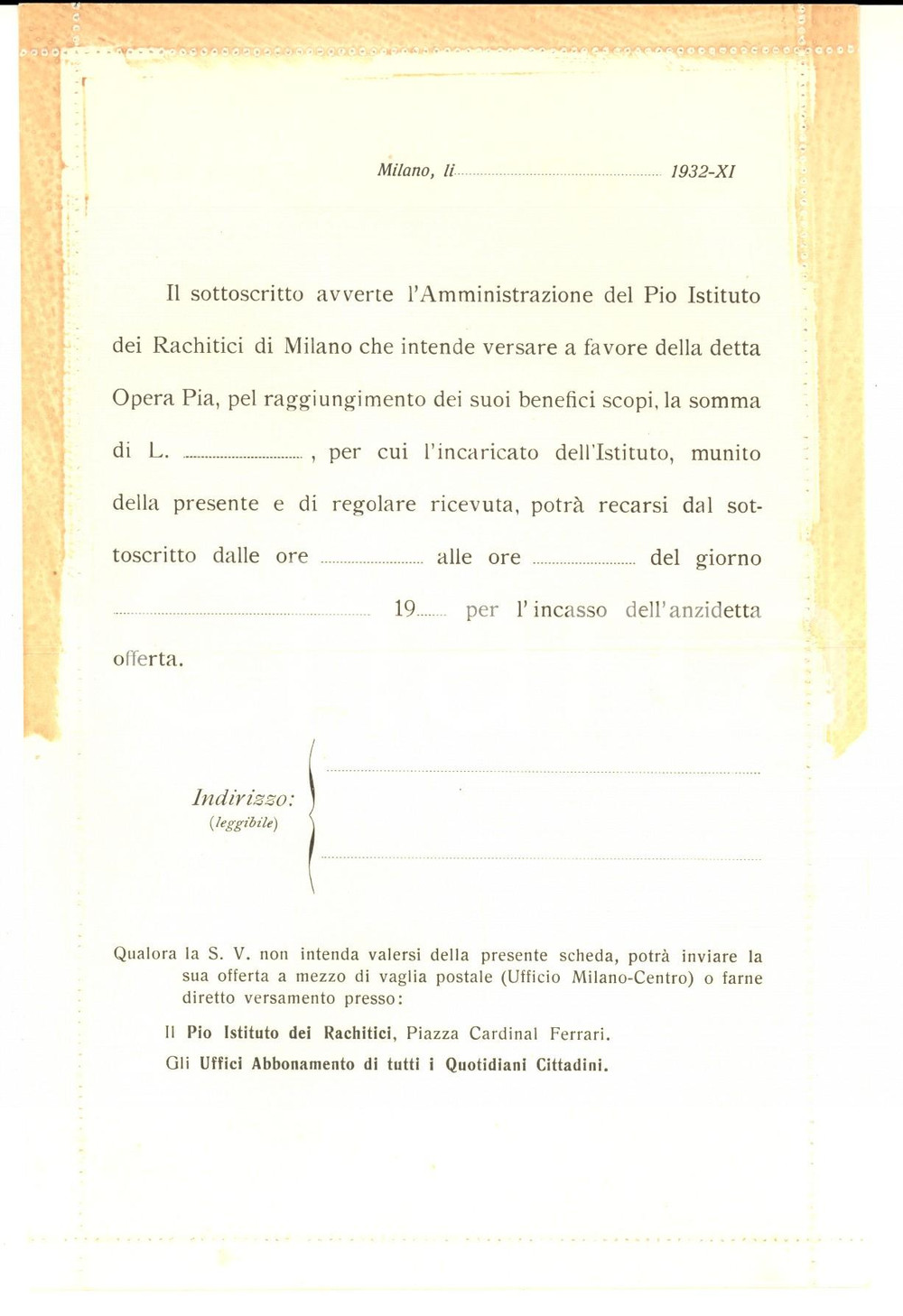 Documento originale, autentico 1932 MILANO PIO ISTITUTO RACHITICI Modulo per offerte benefiche 1