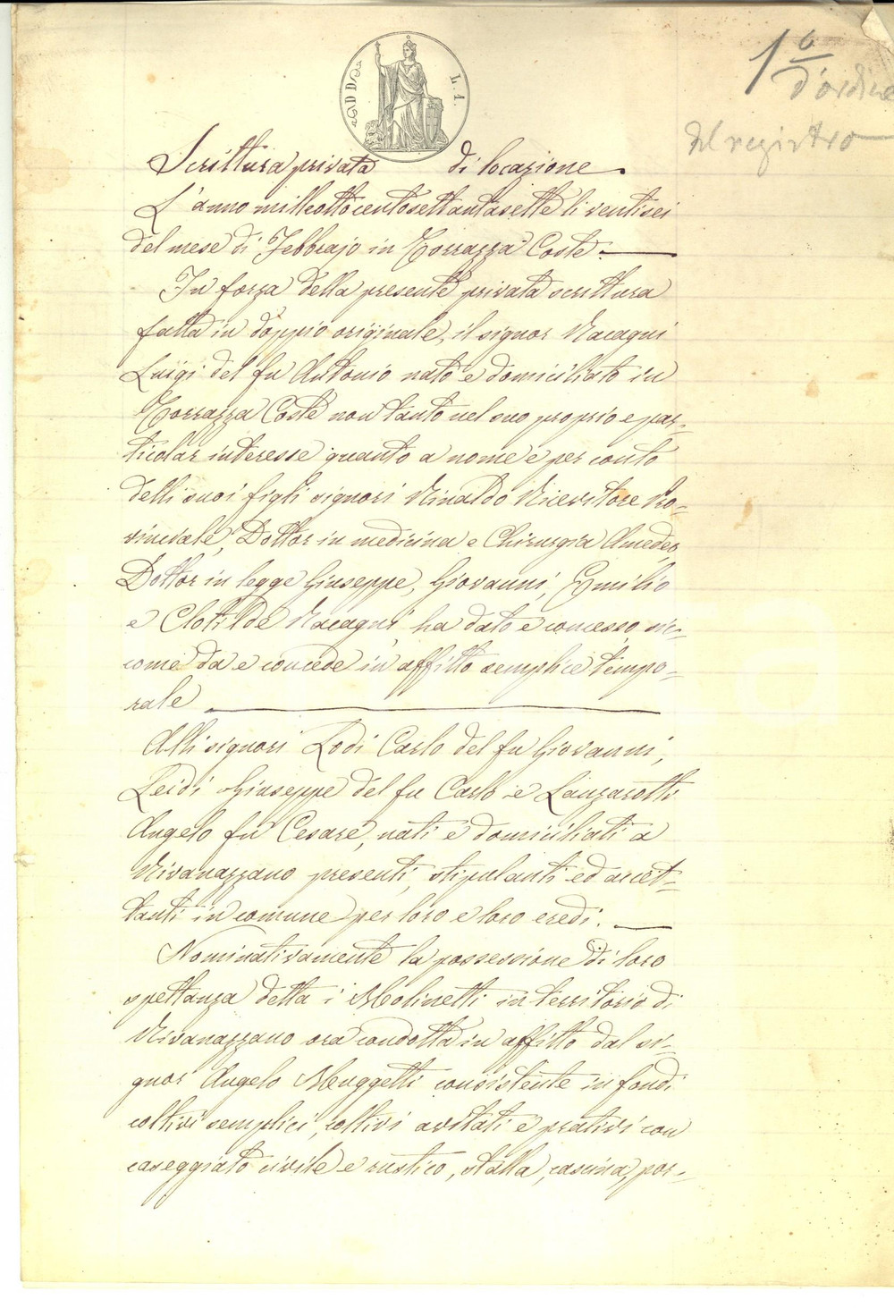 1877 RIVANAZZANO (PV) Luigi RACCAGNI affitta podere I MOLINETTI a Carlo LODI