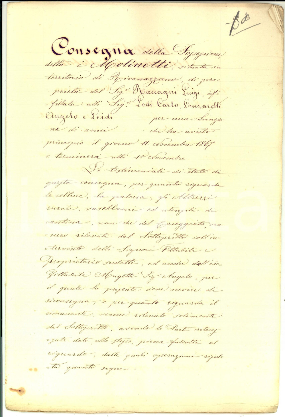 Documento originale, autentico 1878 RIVANAZZANO PV Atto di consegna podere I MOLINETTI Manoscritto 28 pp. 1