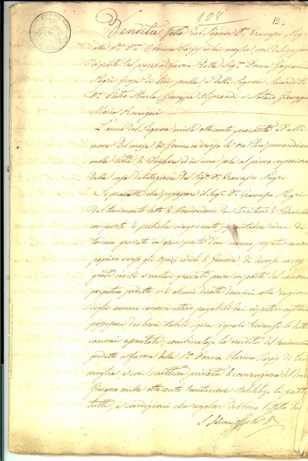 Documento originale, autentico 1840 CODEVILLA PV Francesco NEGRI vende alla moglie podere MONDONDONE 44 pp. 1