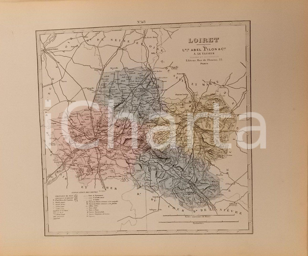 Stampa, bozzetto originale 1870 ca Grand Atlas Départemental de la France  Loiret Ed. PILON Tav. 48 Mappa 1