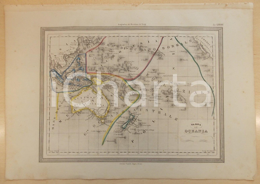 Stampa, bozzetto originale 1864 Atlante Geografico Universale  Carta dell OCEANIA Ed. GUIGONI Tav. XXVIII 1