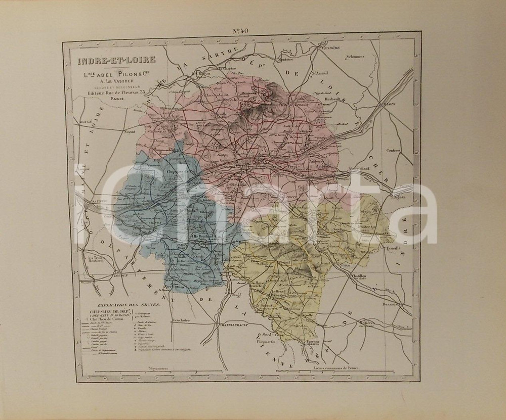 Stampa, bozzetto originale 1870 ca Grand Atlas DÃ©partemental de la France  Indre et Loire PILON Tav. 40 1