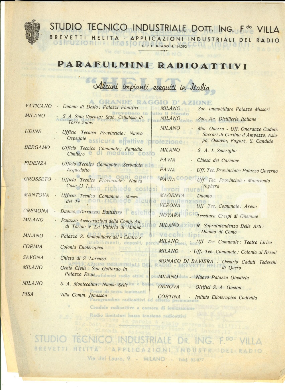 Documento originale, autentico 1938 MILANO Preventivo studio tecnico industriale ing. VILLA per parafulmini 1