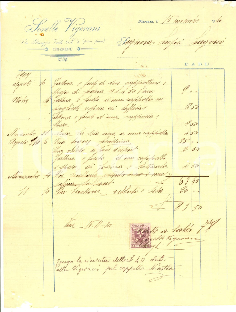 Documento originale, autentico 1910 PIACENZA Sorelle VIGEVANI Mode Fattura intestata per cappotti DANNEGGIATA 1