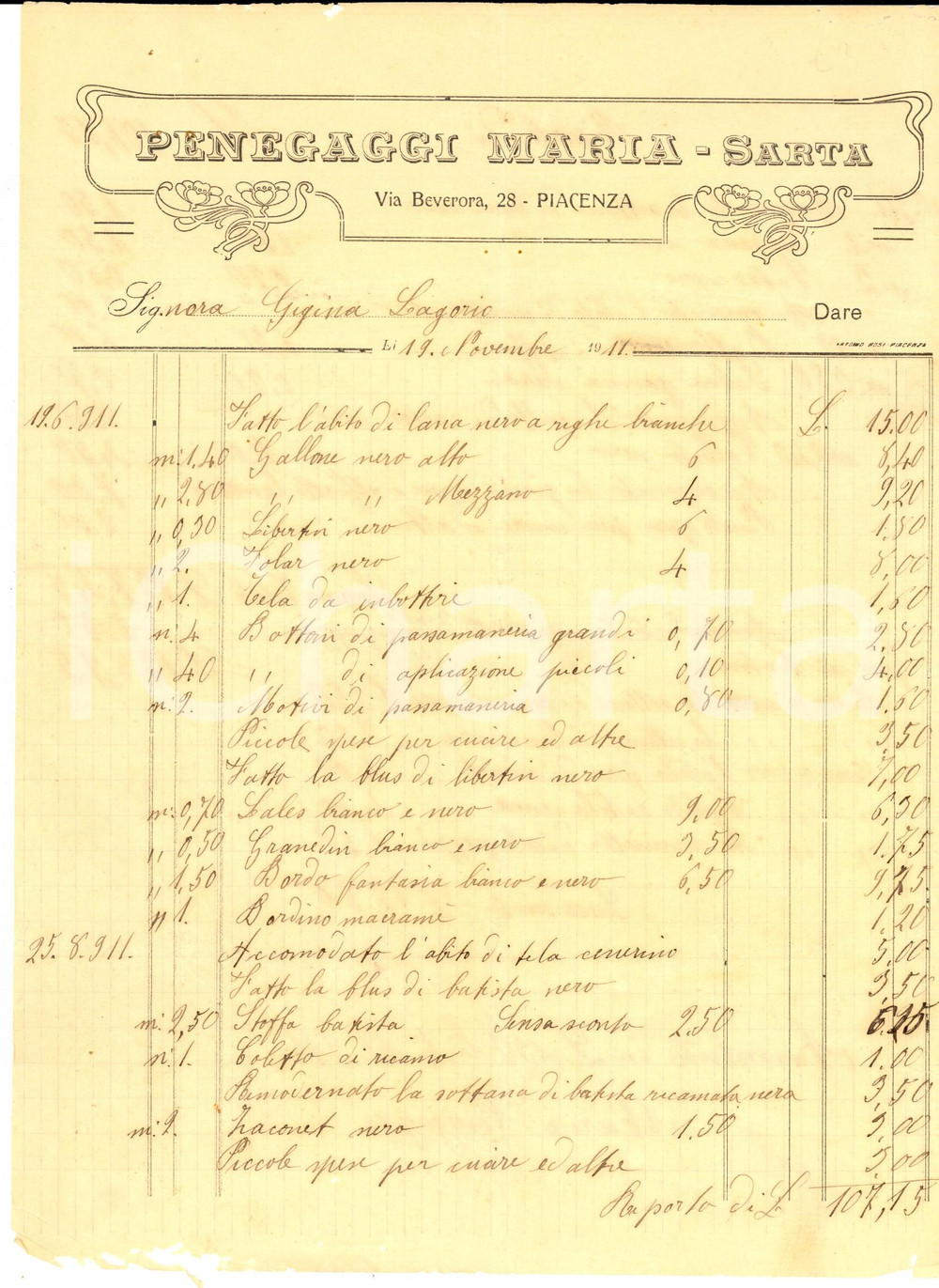 Documento originale, autentico 1911 PIACENZA Sarta Maria PENEGAGGI Fattura intestata per abiti DANNEGGIATA 1
