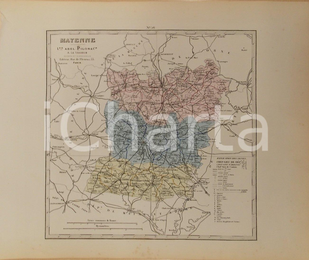 Stampa, bozzetto originale 1870 ca Grand Atlas DÃ©partemental de la France  Mayenne Ed. PILON Tav. 56 1