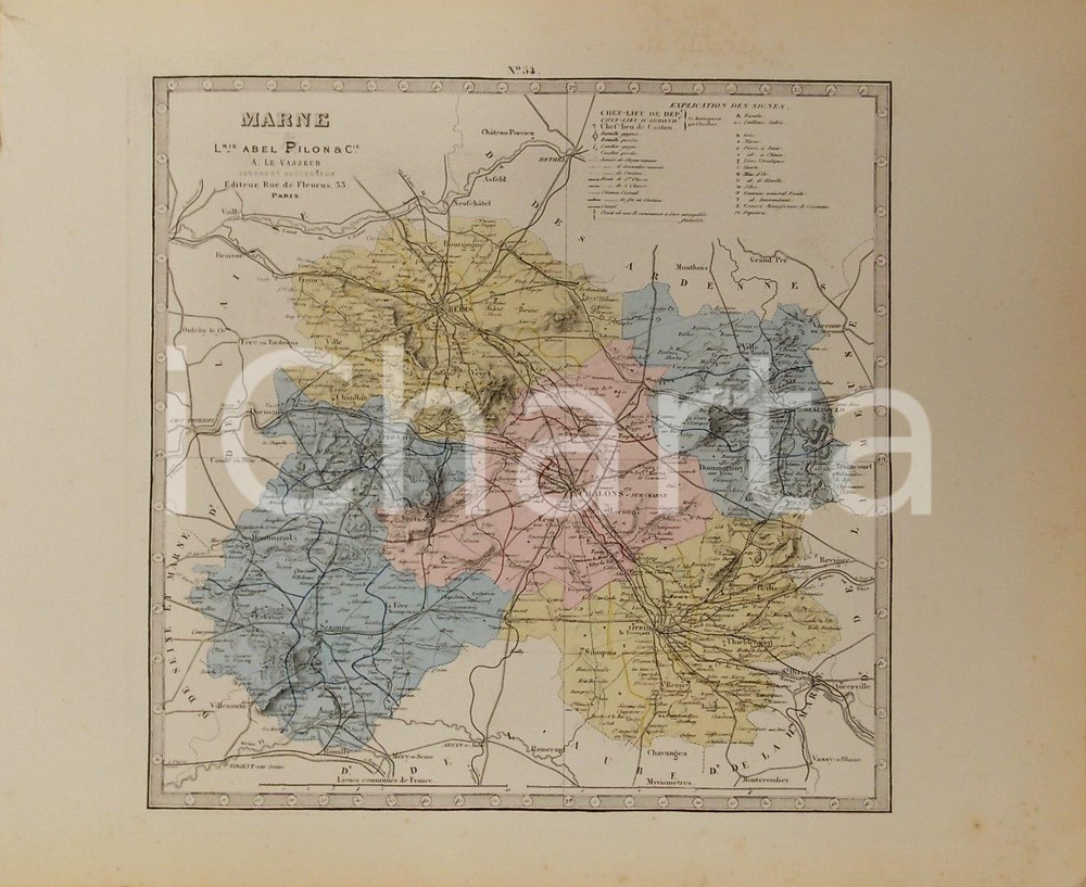 Stampa, bozzetto originale 1870 ca Grand Atlas DÃ©partemental de la France  Marne Ed. PILON Tav. 54 Mappa 1