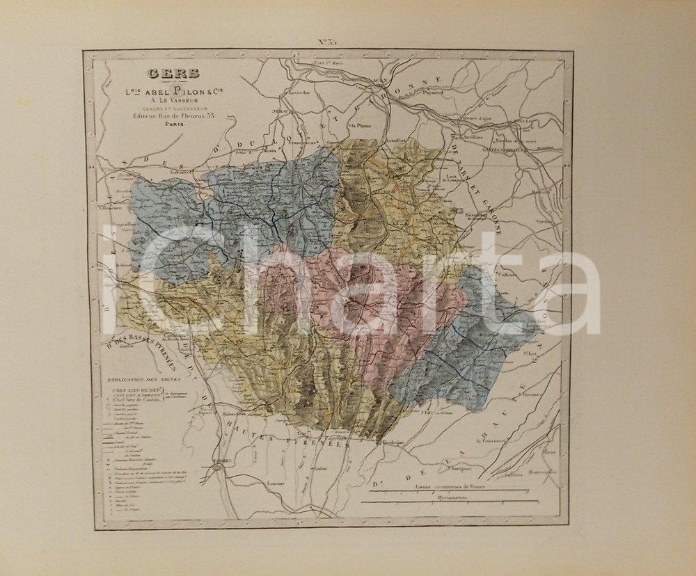 Stampa, bozzetto originale 1870 ca Grand Atlas DÃ©partemental de la France  Gers Ed. PILON Tav. 35 Mappa 1