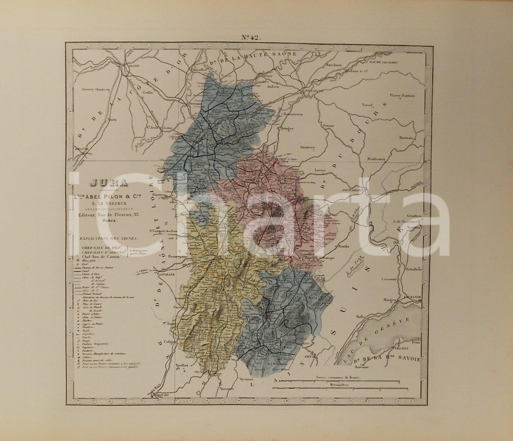 Stampa, bozzetto originale 1870 ca Grand Atlas DÃ©partemental de la France  Jura Ed. PILON Tav. 42 Mappa 1
