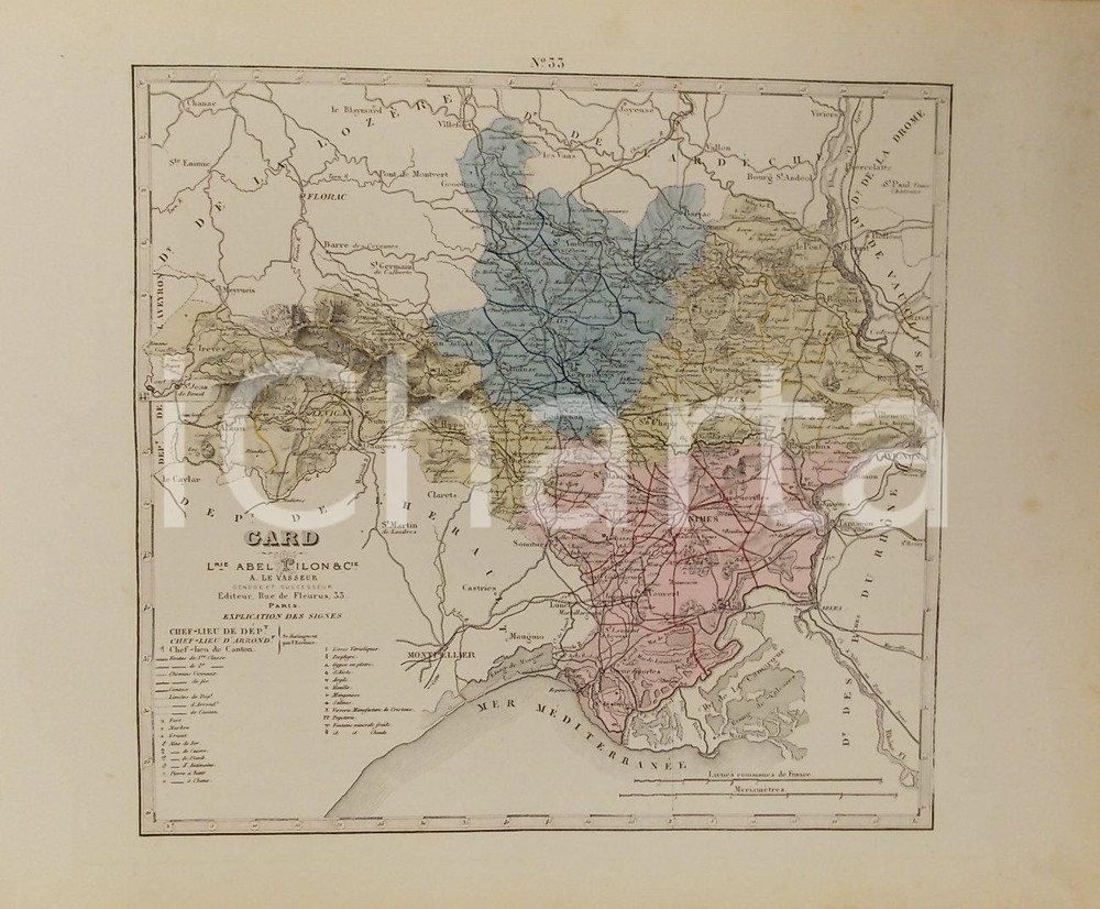 Stampa, bozzetto originale 1870 ca Grand Atlas DÃ©partemental de la France  Gars Ed. PILON Tav. 33 Mappa 1