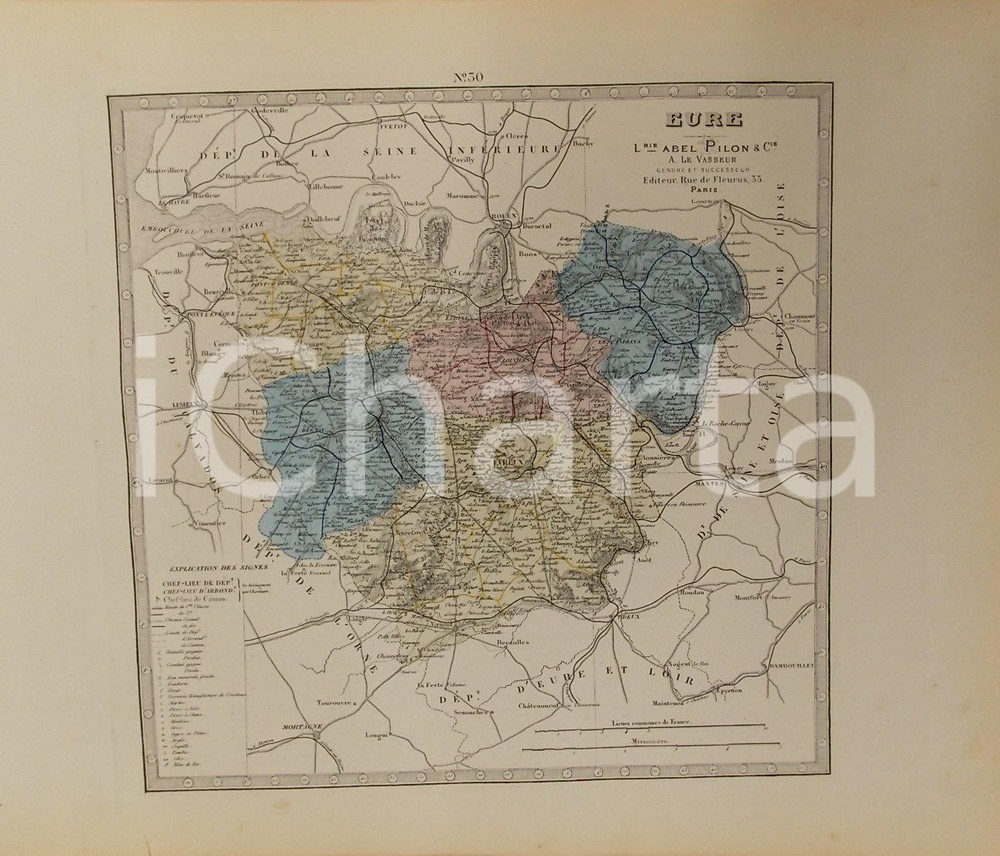 Stampa, bozzetto originale 1870 ca Grand Atlas DÃ©partemental de la France  Eure Ed. PILON Tav. 30 Mappa 1