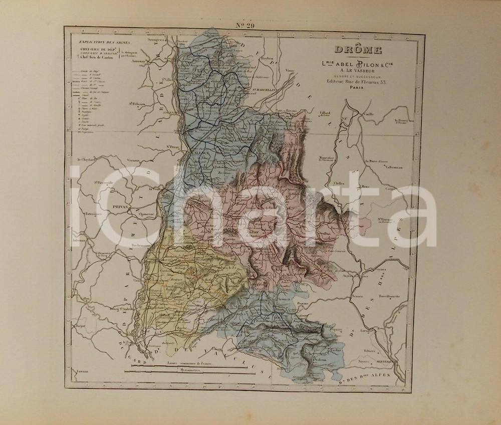 Stampa, bozzetto originale 1870 ca Grand Atlas DÃ©partemental de la France  DrÃ´me Ed. PILON Tav. 29 Mappa 1