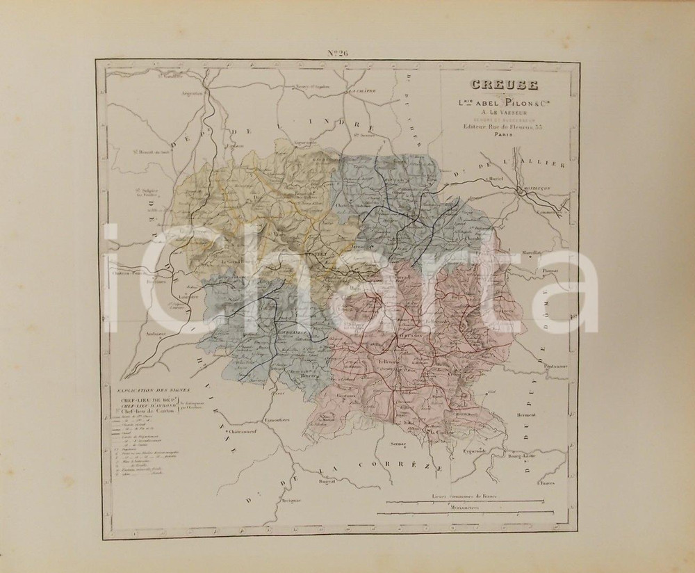 Stampa, bozzetto originale 1870 ca Grand Atlas DÃ©partemental de la France  Creuse Ed. PILON Tav. 26 Mappa 1