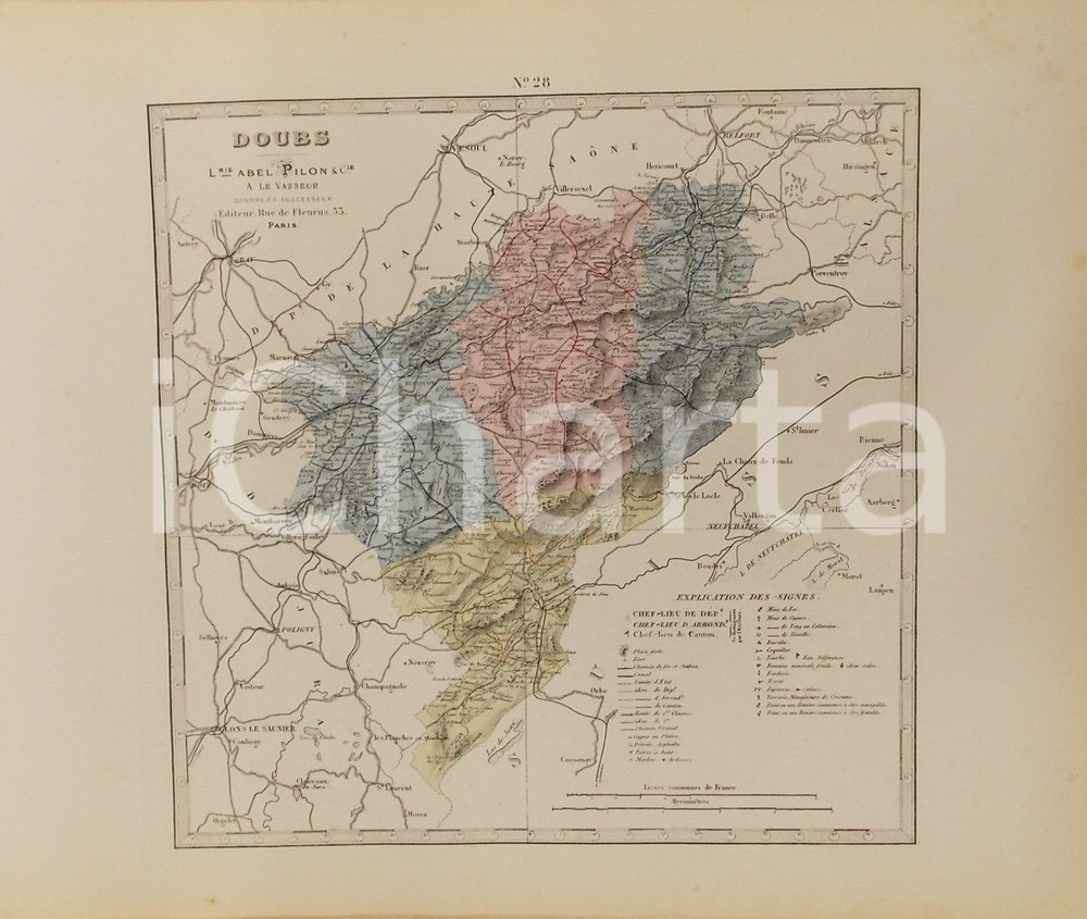 Stampa, bozzetto originale 1870 ca Grand Atlas DÃ©partemental de la France  Doubs Ed. PILON Tav. 28 Mappa 1
