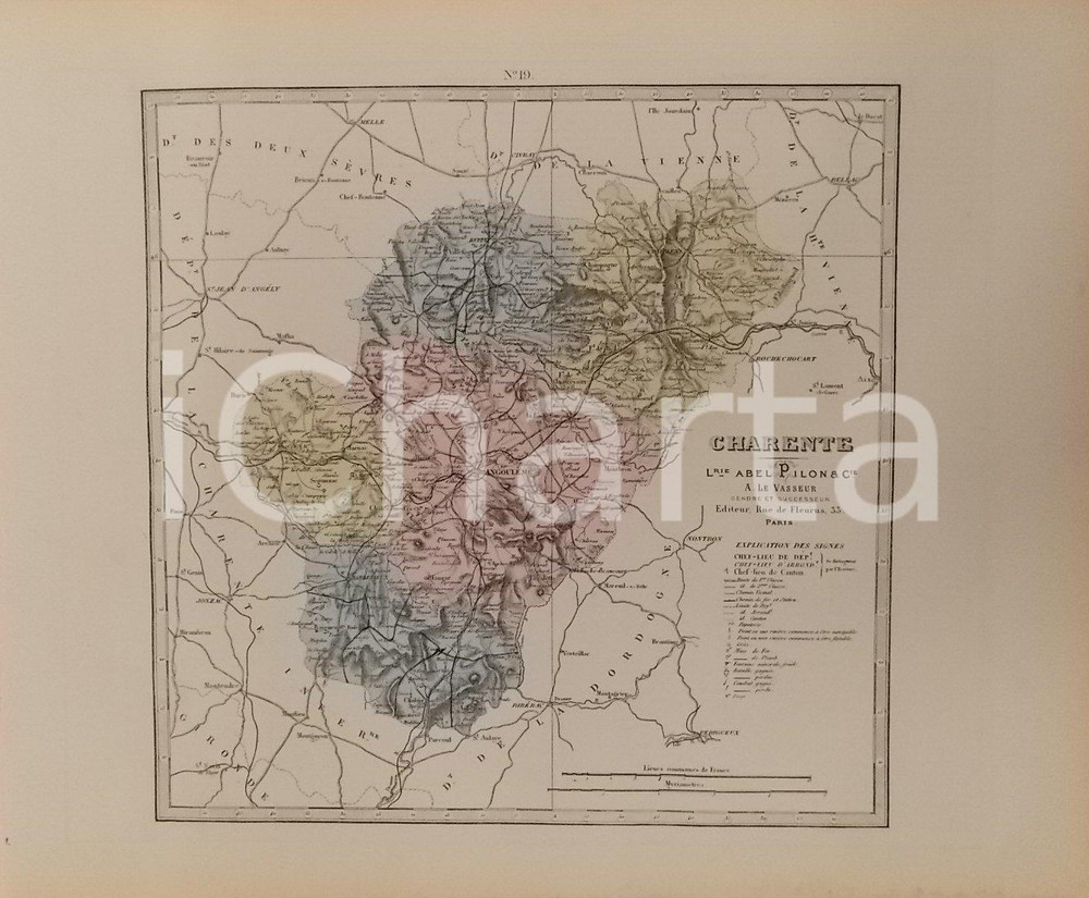 Stampa, bozzetto originale 1870 ca Grand Atlas DÃ©partemental de la France  Charente PILON Tav. 19 Mappa 1