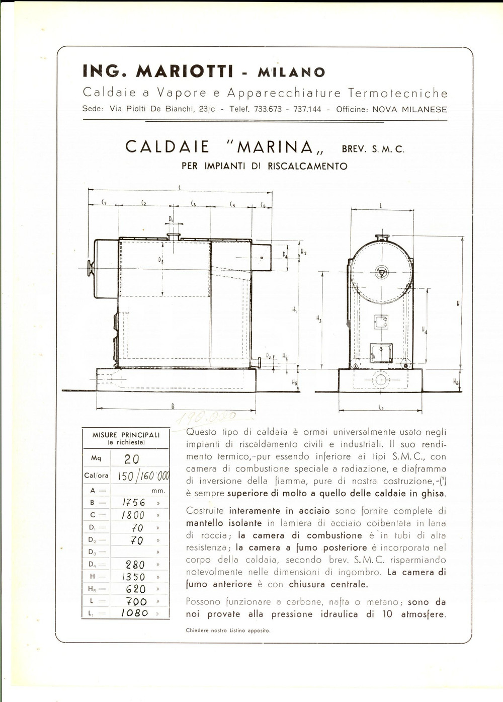 Materiale pubblicitario d’epoca 1950 ca MILANO ING. MARIOTTI  Caldaie MARINA per riscaldamento PubblicitÃ  1
