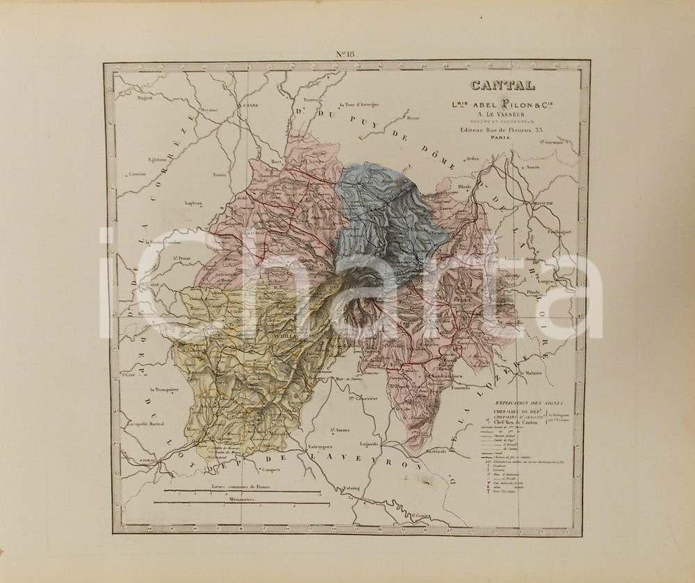 Stampa, bozzetto originale 1870 ca Grand Atlas Départemental de la France  Cantal Ed. PILON Tav. 18 Mappa 1
