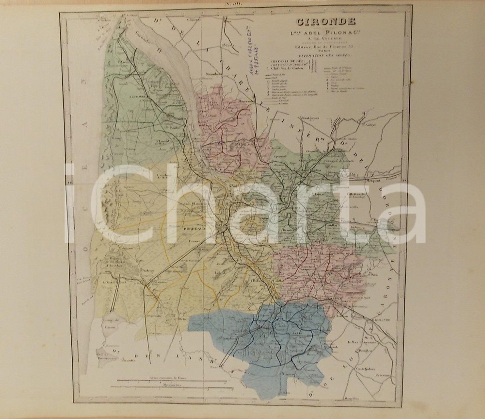 Stampa, bozzetto originale 1870 ca Grand Atlas Départemental de la France  Gironde Ed. PILON Tav 38 Mappa 1