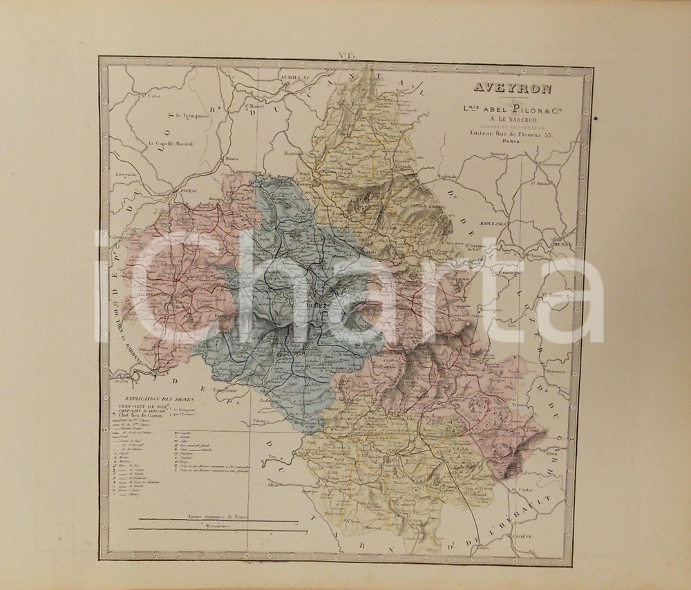 Stampa, bozzetto originale 1870 ca Grand Atlas DÃ©partemental de la France  Aveyron Ed. PILON Tav 15 Mappa 1
